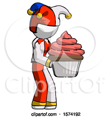 White Jester Joker Man Holding Large Cupcake Ready to Eat or Serve by Leo Blanchette