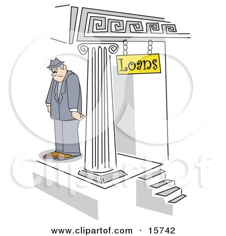 Sad Man Standing Outside A Building After Being Denied A Loan Clipart Illustration by Andy Nortnik