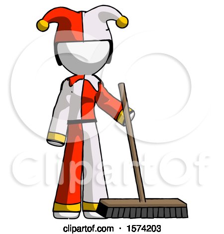 White Jester Joker Man Standing with Industrial Broom by Leo Blanchette