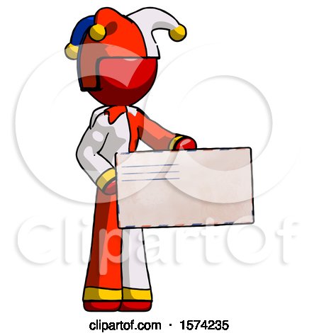Red Jester Joker Man Presenting Large Envelope by Leo Blanchette