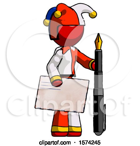 Red Jester Joker Man Holding Large Envelope and Calligraphy Pen by Leo Blanchette