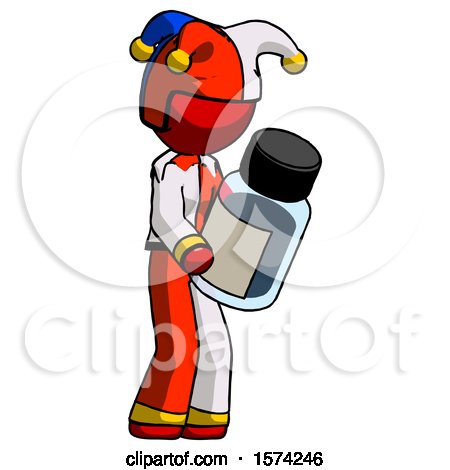Red Jester Joker Man Holding Glass Medicine Bottle by Leo Blanchette