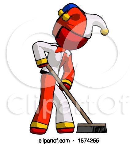 Red Jester Joker Man Cleaning Services Janitor Sweeping Side View by Leo Blanchette