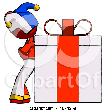 Red Jester Joker Man Gift Concept - Leaning Against Large Present by Leo Blanchette