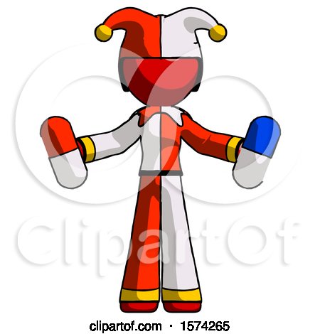 Red Jester Joker Man Holding a Red Pill and Blue Pill by Leo Blanchette