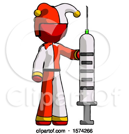 Red Jester Joker Man Holding Large Syringe by Leo Blanchette