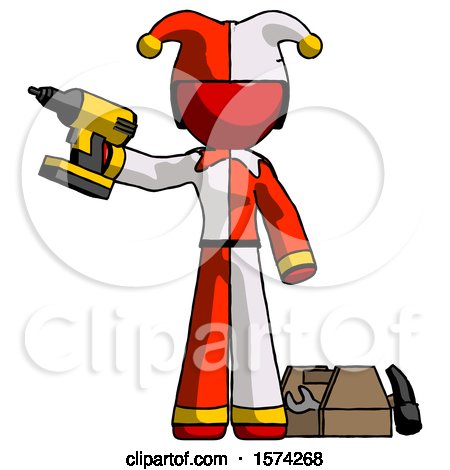 Red Jester Joker Man Holding Drill Ready to Work, Toolchest and Tools to Right by Leo Blanchette