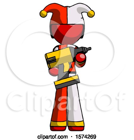 Red Jester Joker Man Holding Large Drill by Leo Blanchette