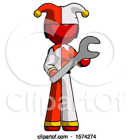 Red Jester Joker Man Holding Large Wrench with Both Hands by Leo Blanchette