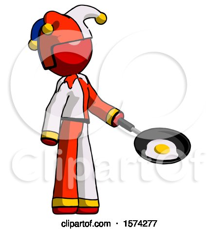 Red Jester Joker Man Frying Egg in Pan or Wok Facing Right by Leo Blanchette