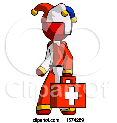 Red Jester Joker Man Walking with Medical Aid Briefcase to Left by Leo Blanchette
