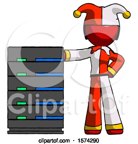Red Jester Joker Man with Server Rack Leaning Confidently Against It by Leo Blanchette