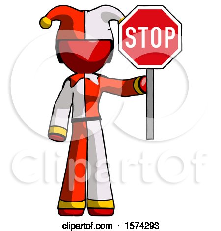 Red Jester Joker Man Holding Stop Sign by Leo Blanchette