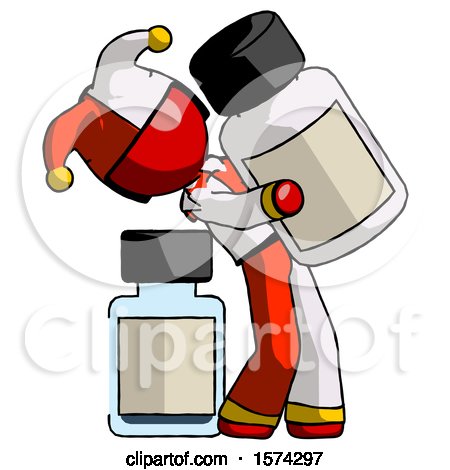 Red Jester Joker Man Holding Large White Medicine Bottle with Bottle in Background by Leo Blanchette