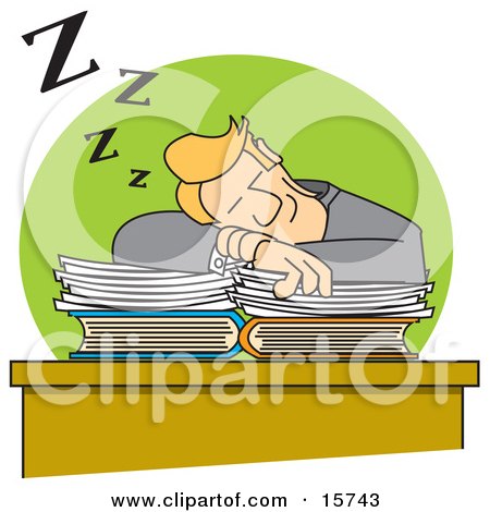 Slacking Businessman Sleeping On Top Of His Paperwork On His Office Desk Clipart Illustration by Andy Nortnik