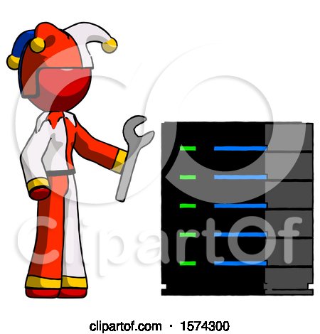 Red Jester Joker Man Server Administrator Doing Repairs by Leo Blanchette