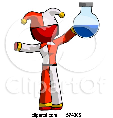 Red Jester Joker Man Holding Large Round Flask or Beaker by Leo Blanchette