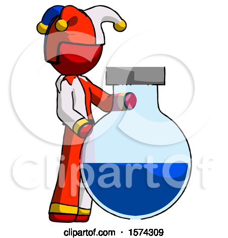 Red Jester Joker Man Standing Beside Large Round Flask or Beaker by Leo Blanchette
