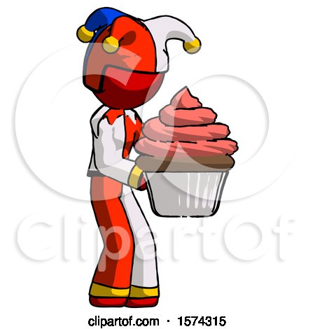 Red Jester Joker Man Holding Large Cupcake Ready to Eat or Serve by Leo Blanchette