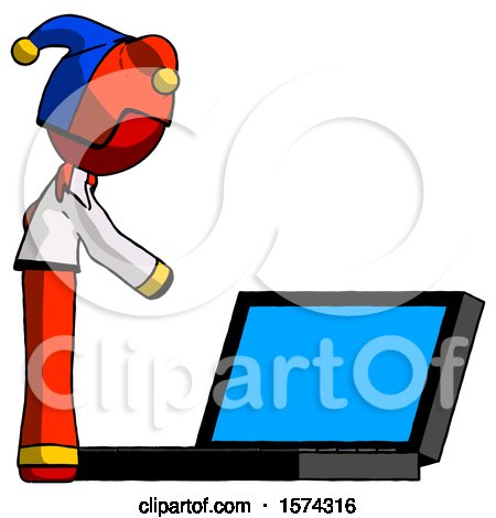 Red Jester Joker Man Using Large Laptop Computer Side Orthographic View by Leo Blanchette