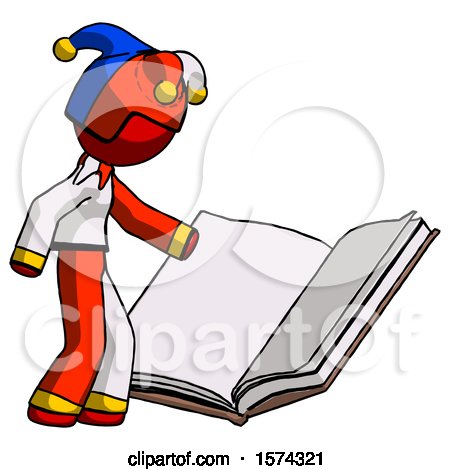 Red Jester Joker Man Reading Big Book While Standing Beside It by Leo Blanchette