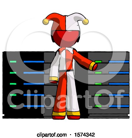 Red Jester Joker Man with Server Racks, in Front of Two Networked Systems by Leo Blanchette