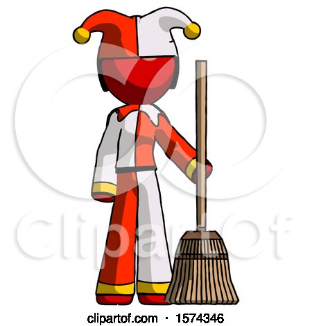 Red Jester Joker Man Standing with Broom Cleaning Services by Leo Blanchette