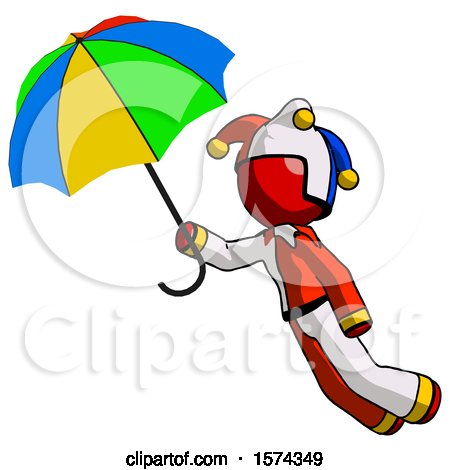 Red Jester Joker Man Flying with Rainbow Colored Umbrella by Leo Blanchette