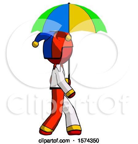 Red Jester Joker Man Walking with Colored Umbrella by Leo Blanchette