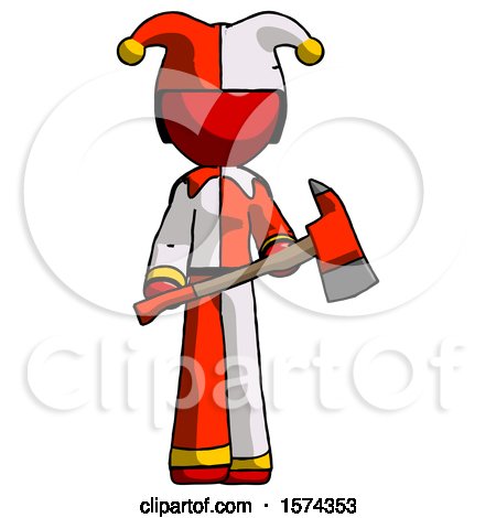 Red Jester Joker Man Holding Red Fire Fighter's Ax by Leo Blanchette