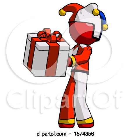 Red Jester Joker Man Presenting a Present with Large Red Bow on It by Leo Blanchette