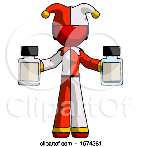 Red Jester Joker Man Holding Two Medicine Bottles by Leo Blanchette