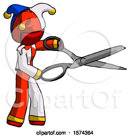 Red Jester Joker Man Holding Giant Scissors Cutting out Something by Leo Blanchette