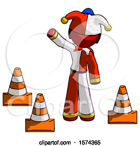 Red Jester Joker Man Standing by Traffic Cones Waving by Leo Blanchette