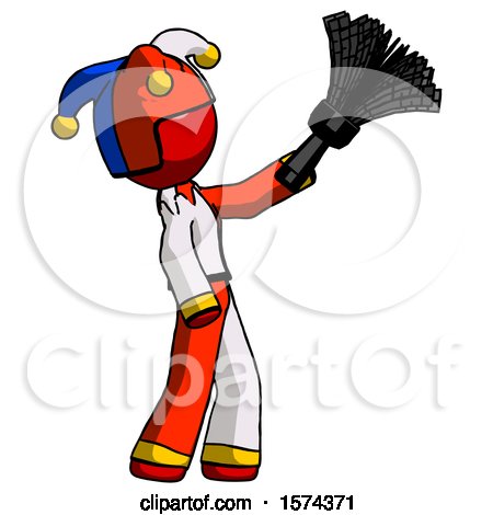 Red Jester Joker Man Dusting with Feather Duster Upwards by Leo Blanchette