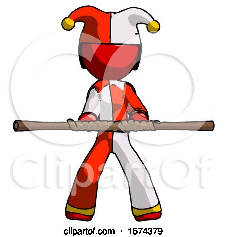 Red Jester Joker Man Bo Staff Kung Fu Defense Pose by Leo Blanchette