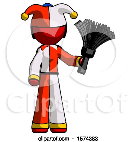 Red Jester Joker Man Holding Feather Duster Facing Forward by Leo Blanchette