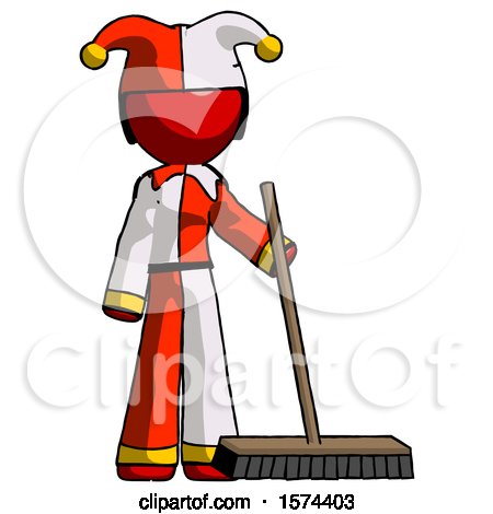 Red Jester Joker Man Standing with Industrial Broom by Leo Blanchette