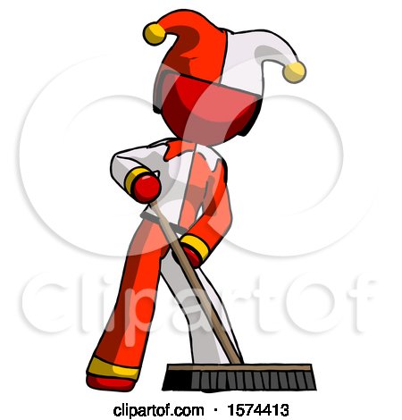 Red Jester Joker Man Cleaning Services Janitor Sweeping Floor with Push Broom by Leo Blanchette