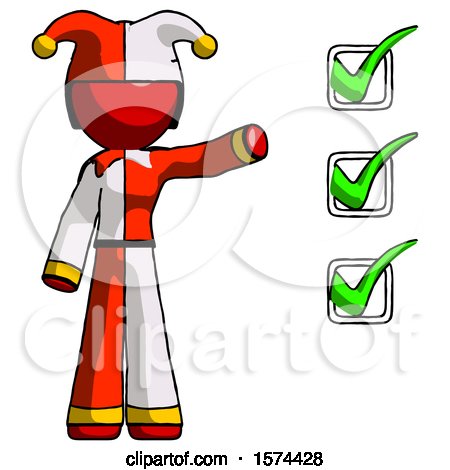 Red Jester Joker Man Standing by List of Checkmarks by Leo Blanchette