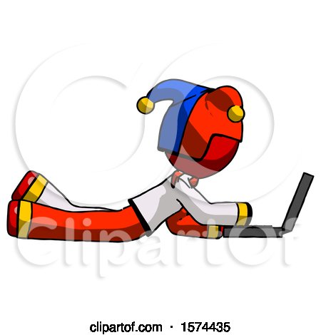 Red Jester Joker Man Using Laptop Computer While Lying on Floor Side View by Leo Blanchette