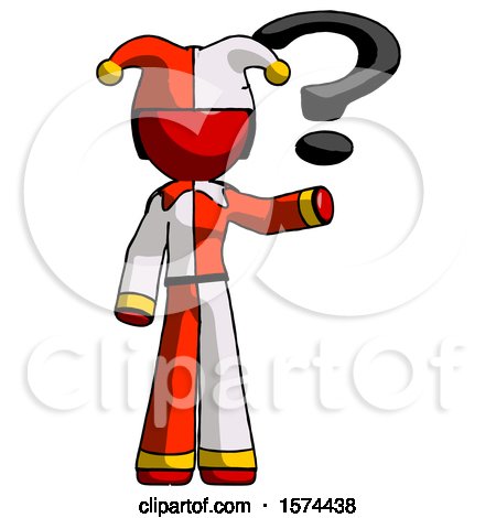 Red Jester Joker Man Holding Question Mark to Right by Leo Blanchette