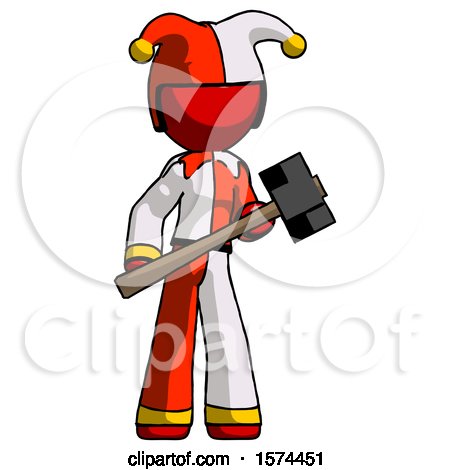 Red Jester Joker Man with Sledgehammer Standing Ready to Work or Defend by Leo Blanchette
