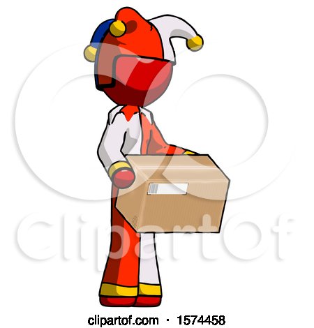 Red Jester Joker Man Holding Package to Send or Recieve in Mail by Leo Blanchette