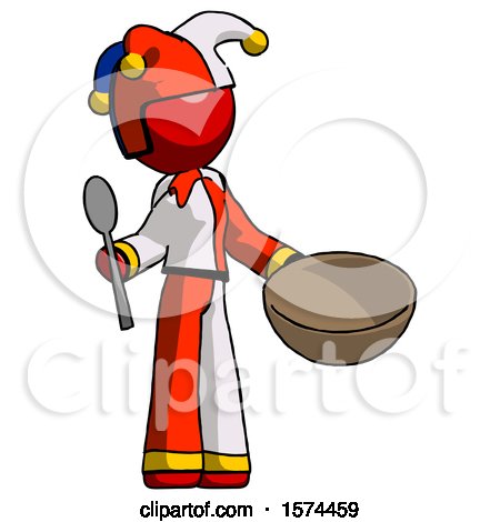 Red Jester Joker Man with Empty Bowl and Spoon Ready to Make Something by Leo Blanchette