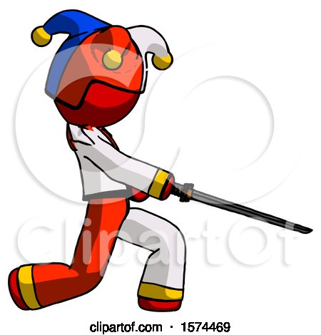 Red Jester Joker Man with Ninja Sword Katana Slicing or Striking Something by Leo Blanchette