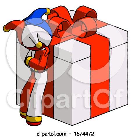 Red Jester Joker Man Leaning on Gift with Red Bow Angle View by Leo Blanchette