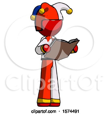 Red Jester Joker Man Reading Book While Standing up Facing Away by Leo Blanchette