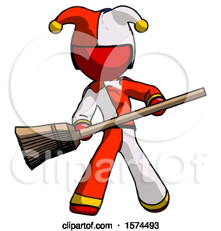 Red Jester Joker Man Broom Fighter Defense Pose by Leo Blanchette