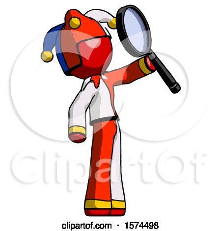 Red Jester Joker Man Inspecting with Large Magnifying Glass Facing up by Leo Blanchette